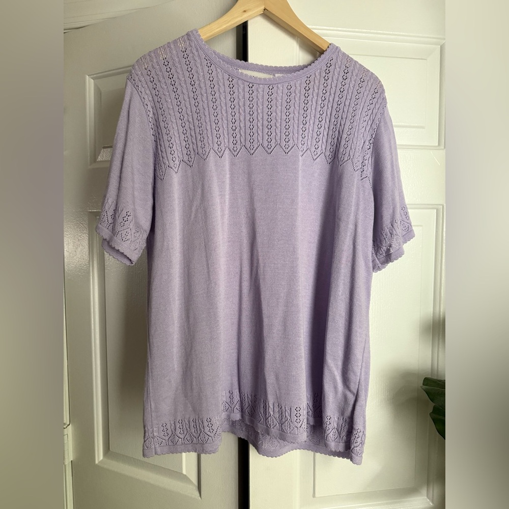 Alfred Dunner Lavender Crochet Short Sleeve Sweater Sz 1X Demure Cottage Preppy